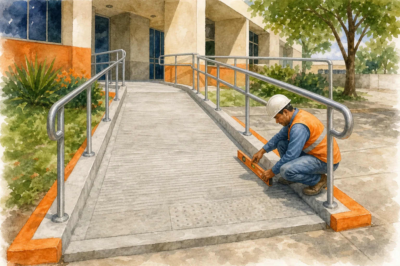 construcción segura de una rampa accesible con barandales y acabado antideslizante.