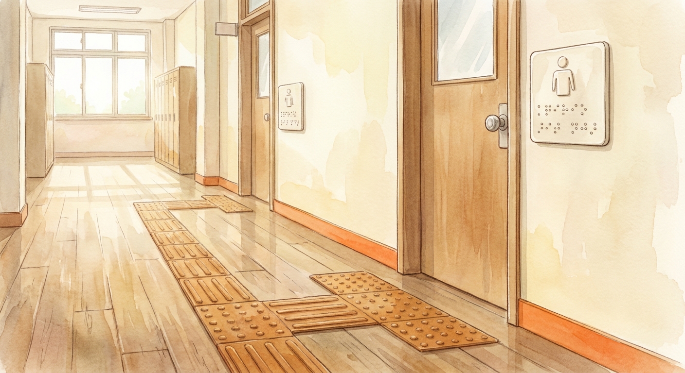 A watercolor illustration of a school hallway with braille signs on doors, tactile floor tiles leading to a classroom, showing clear placement and contrast. Alt: señalética braille en pasillo escolar, diseño y materiales.