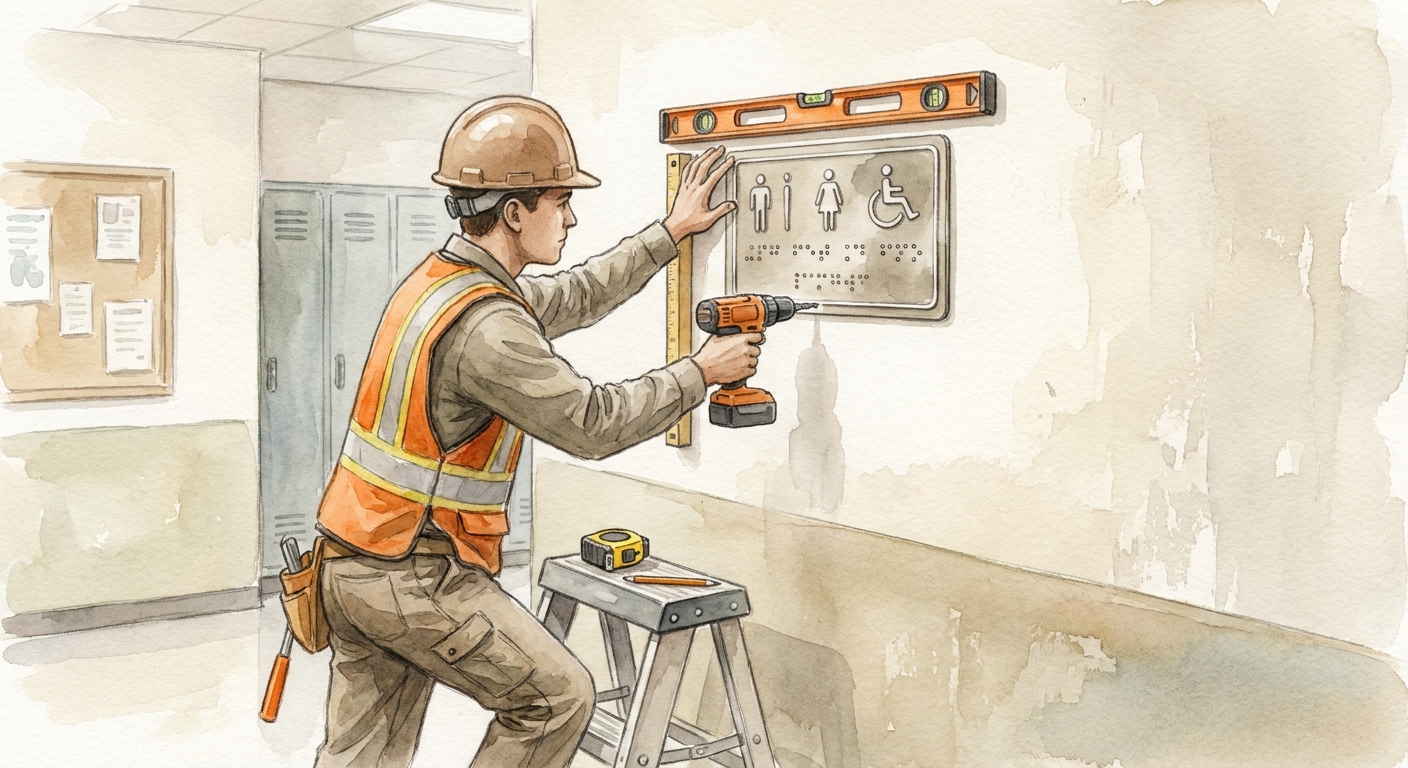 A watercolor scene of a construction worker mounting a braille sign on a school wall, showing proper height and tools. Alt: instalación de señalética braille en escuela, altura y fijación correctas.