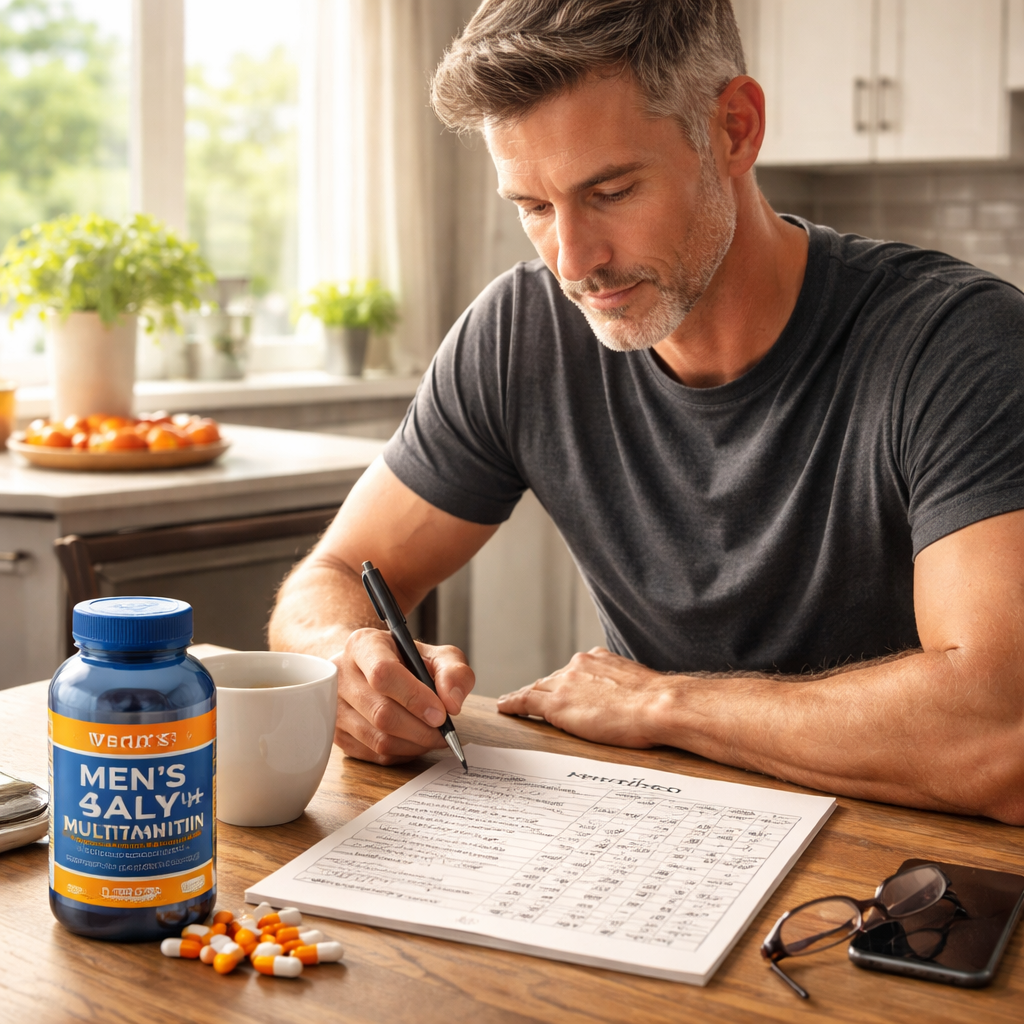 A photorealistic scene of a fit man in his 40s sitting at a kitchen table, reviewing a handwritten energy log beside a bottle of daily multivitamin, bright morning light streaming through the window. Alt: Daily multivitamin for men over 40 energy tracking.
