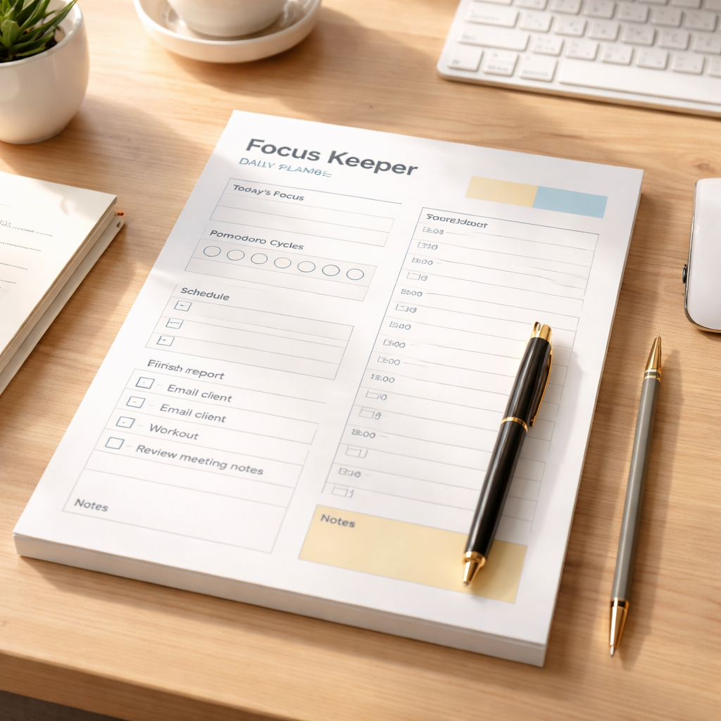 A descriptive prompt for an AI image generator, related to the surrounding text. Alt: Focus Keeper daily planner layout on a tidy desk with a pen.