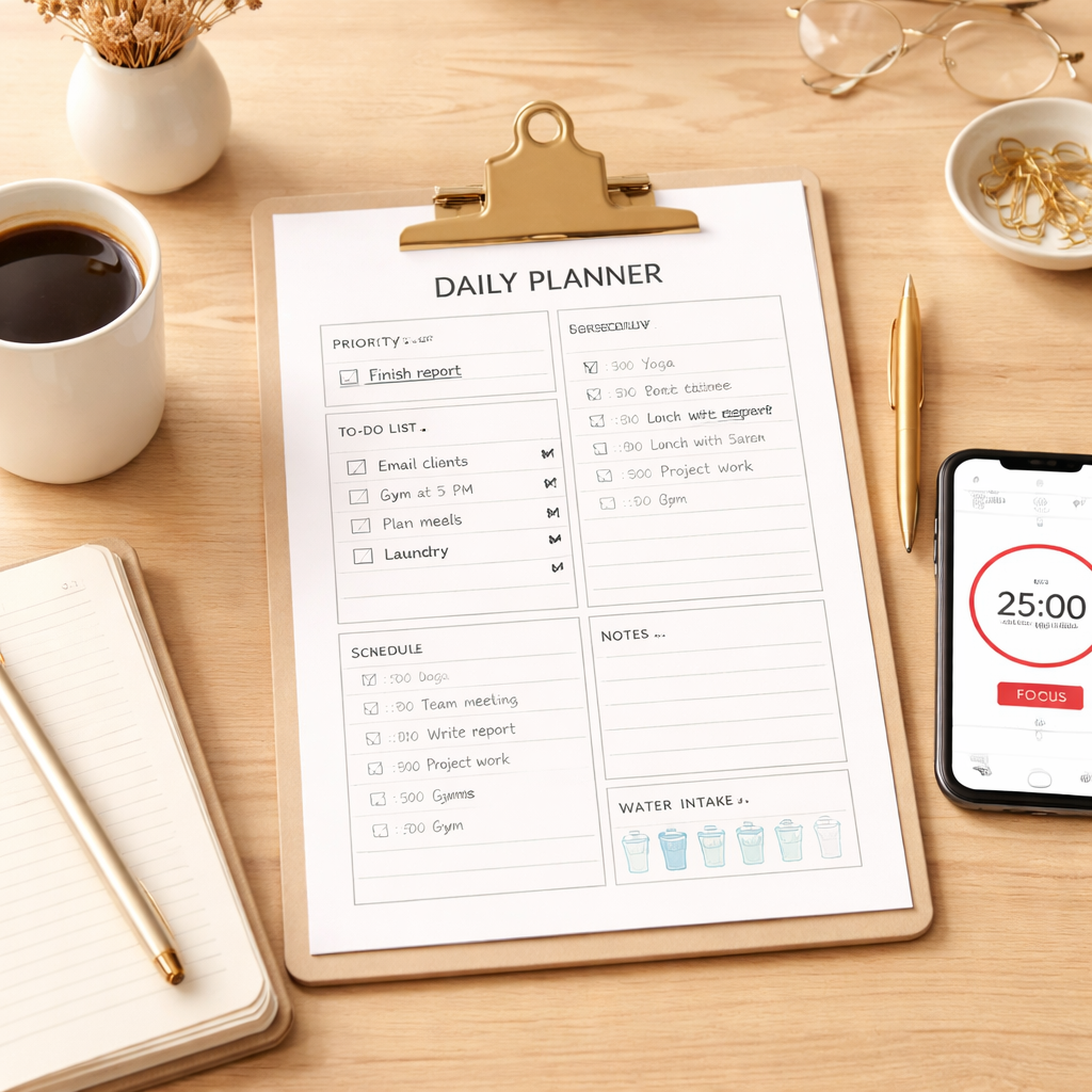 A tidy workspace with a printed daily planner template printable, a coffee mug, and a phone showing a Pomodoro timer. Alt: daily planner template printable in use on a desk.