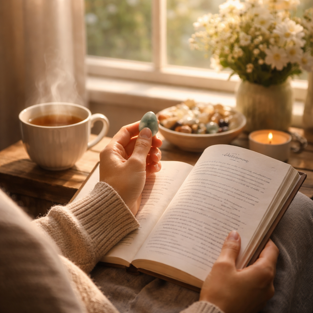 A cinematic, soft‑lit scene of a person seated by a sun‑lit window, holding a smooth amazonite bead in one hand, an open prayer journal in the other, with a gentle steam of tea rising nearby. The composition emphasizes calm, spiritual focus, and holistic healing. Alt: Daily prayer for healing in a peaceful home setting.