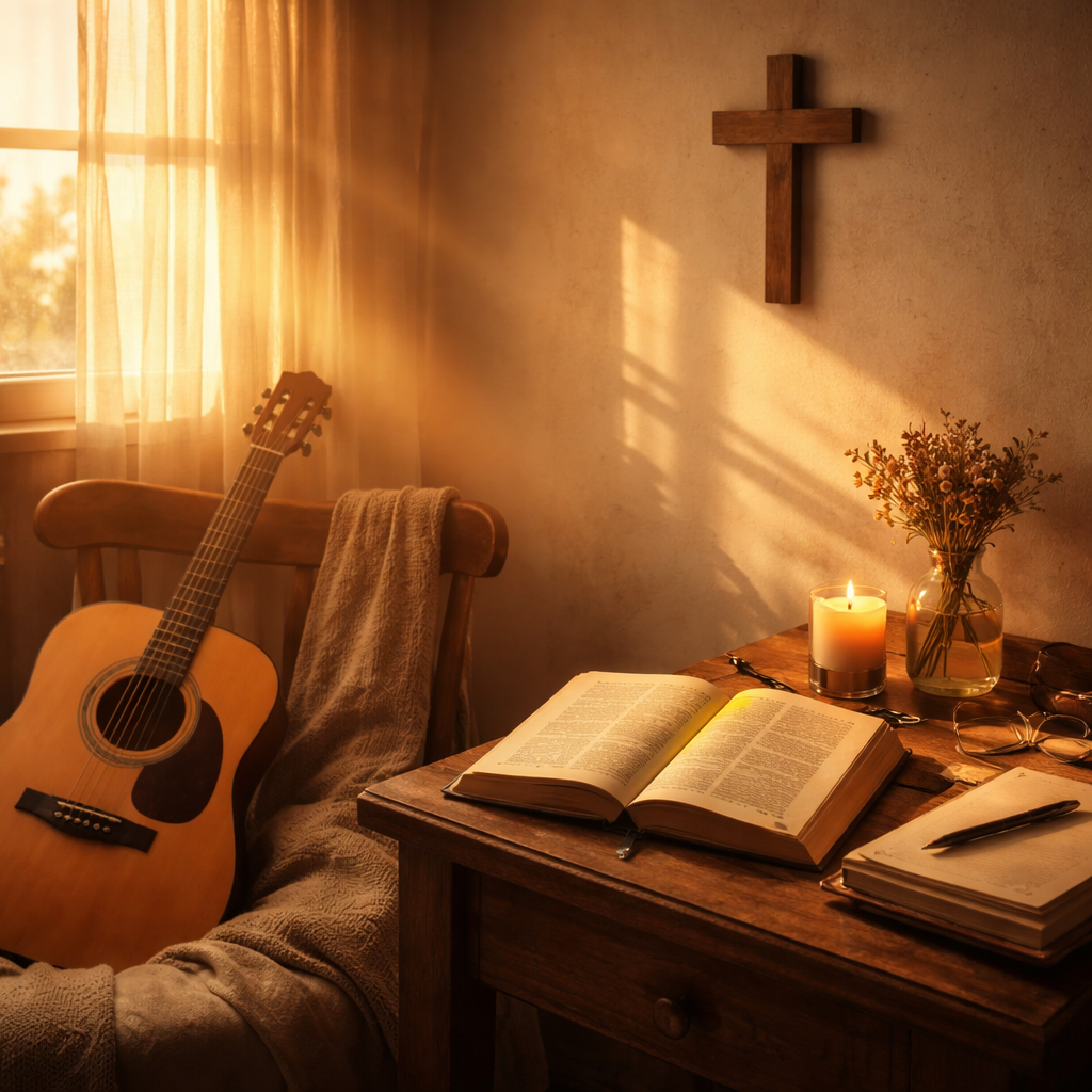 A cinematic, softly lit bedroom corner at sunrise, a wooden cross, an open Bible with a highlighted verse, a simple acoustic guitar resting on a chair, warm golden light spilling onto a journal, evoking a peaceful atmosphere for daily prayer for healing. Alt: Calm sunrise prayer corner with Scripture and worship tools