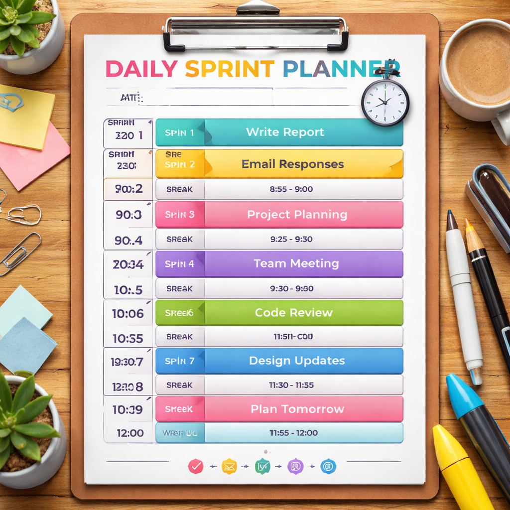 A digital daily sprint planner layout with 25‑minute blocks, color‑coded task titles, and a 5‑minute buffer between each sprint. Alt: Daily sprint planner diagram for productivity