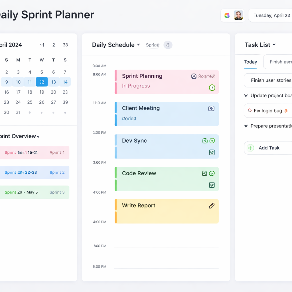 A digital daily sprint planner layout integrated with a calendar and task list, showing color‑coded sprints and sync icons. Alt: Digital daily sprint planner with tool integration.