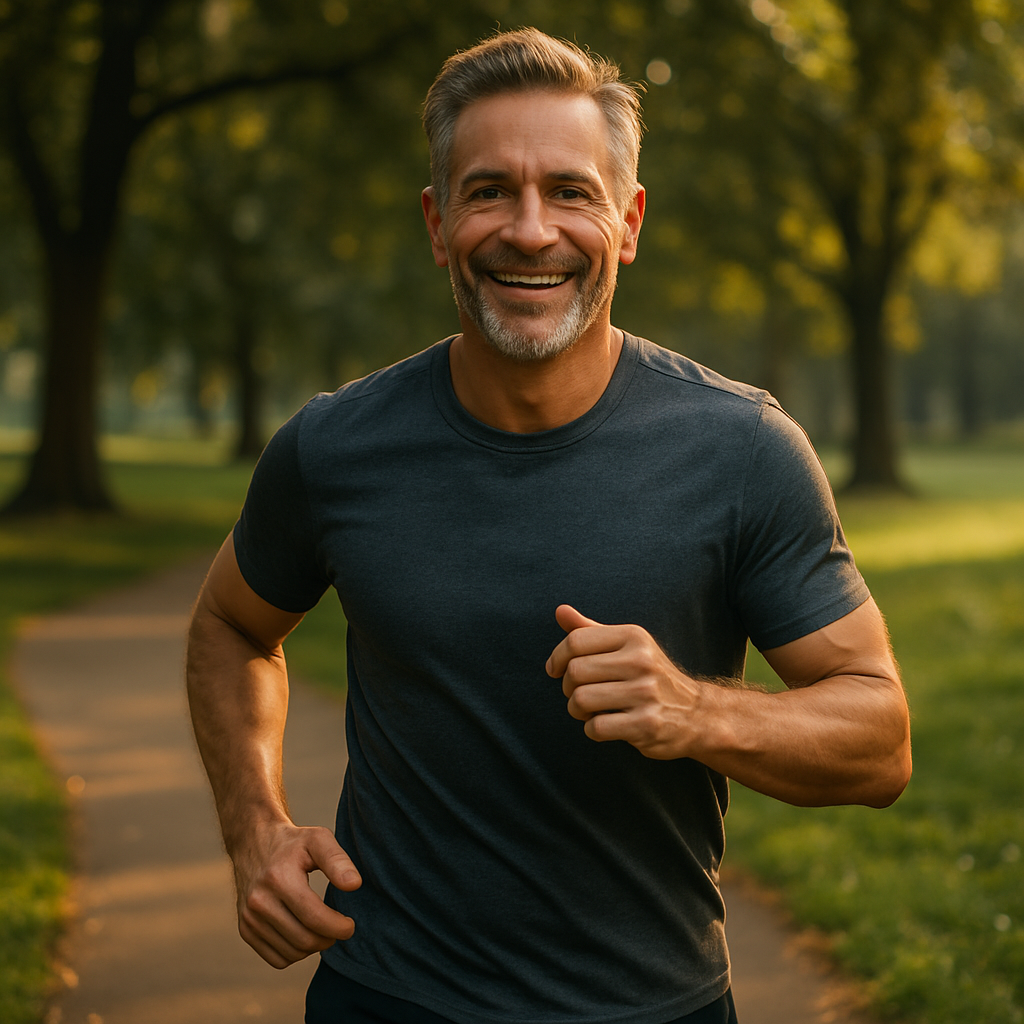 A fit, middle-aged man jogging in the park, looking energetic and healthy. Alt: daily supplements for men over 40 supporting joint, bone, and cardiovascular health.
