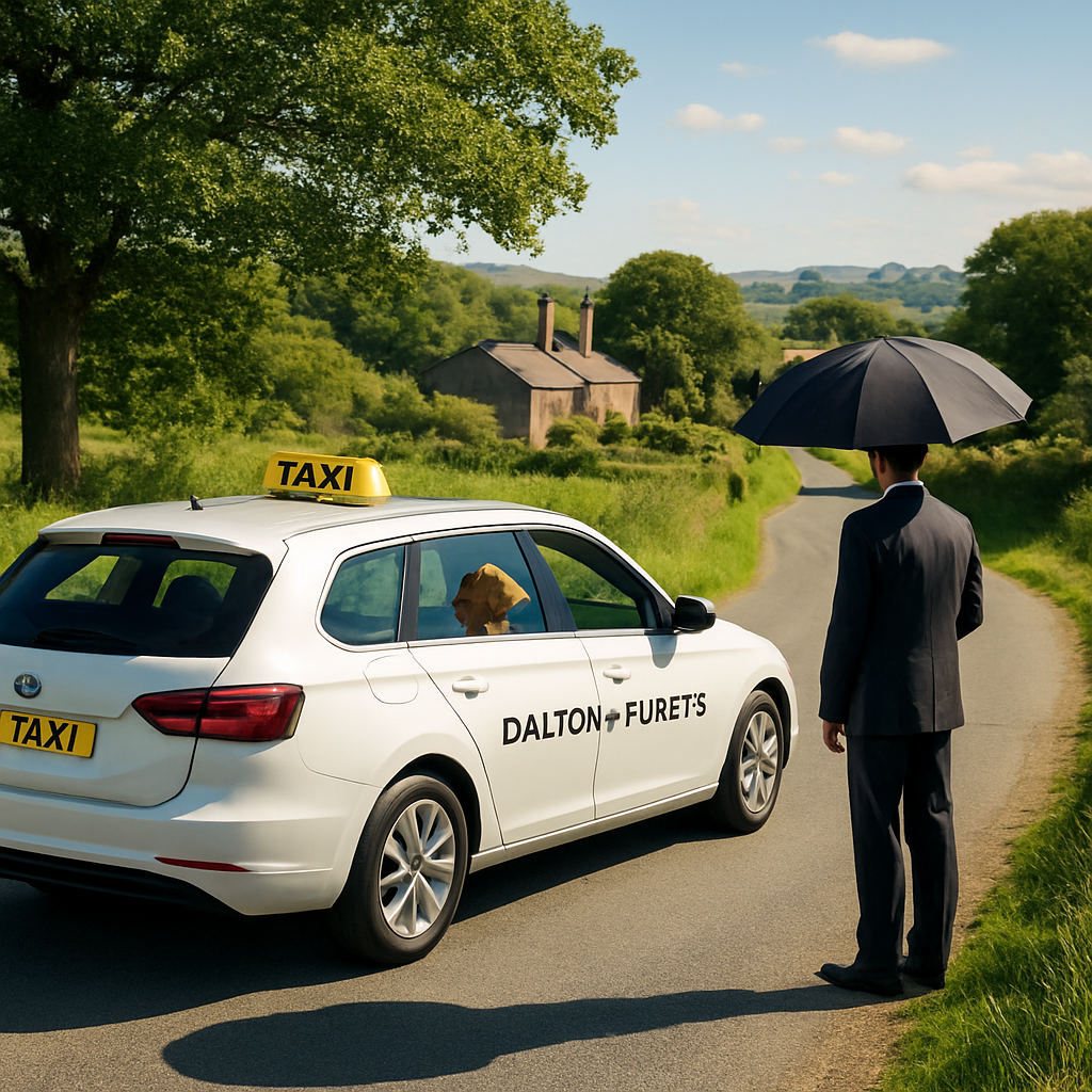 A sunny country road winding through Dalton in Furness, with a modern taxi parked beside a stone wall, a driver holding an umbrella, and a dog looking out the back window. Alt: Dalton in Furness taxi service on a rural road.
