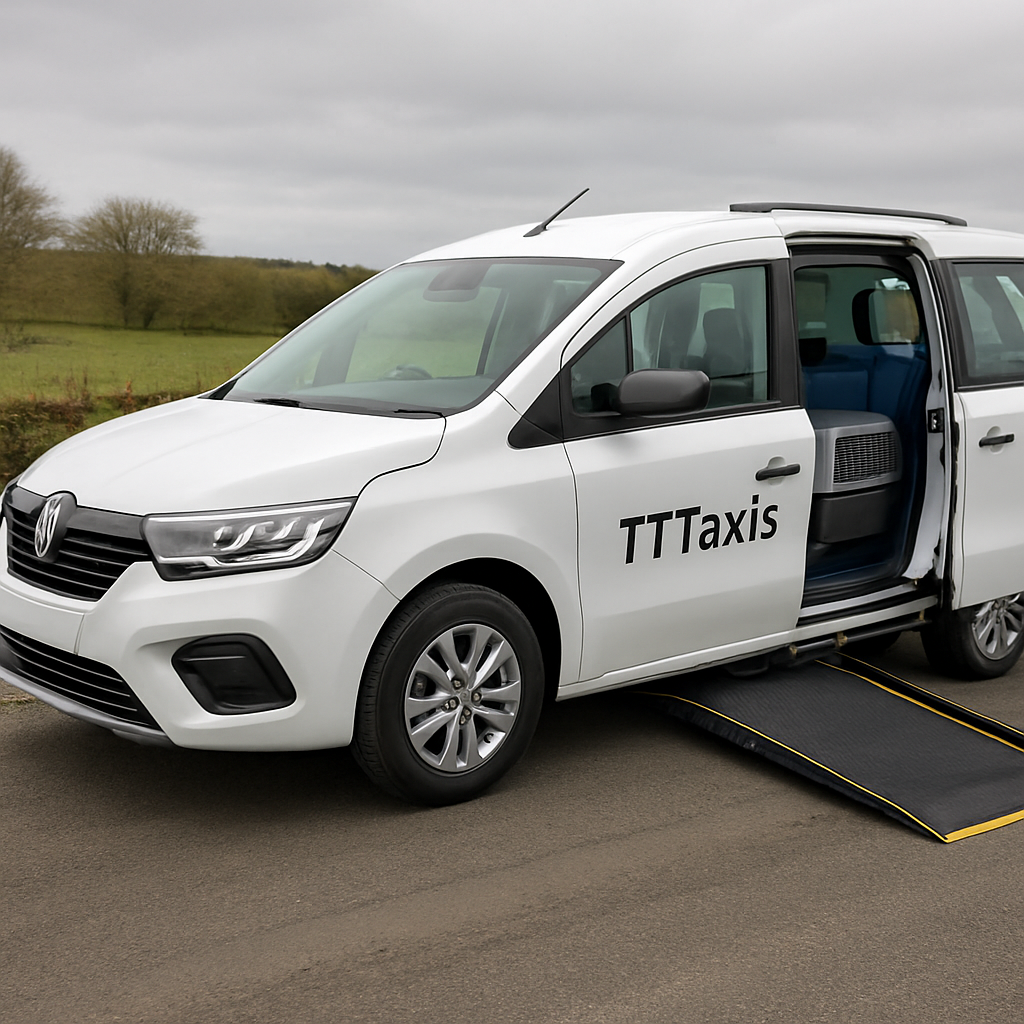 A clean TTTaxis vehicle parked on a rural Dalton road with a wheelchair ramp extended, a pet carrier on the back seat and interior LED lighting on. Alt: Dalton in Furness taxi safety and accessibility features.