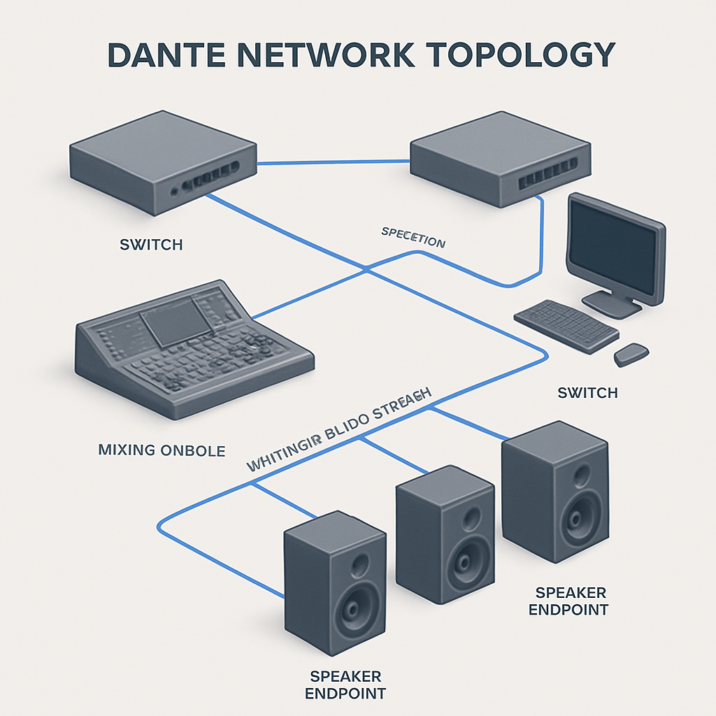 A detailed 3‑D render of a concert venue’s Dante network topology, showing switches, consoles, and speaker endpoints. Alt: Diagramme de l'architecture Dante pour une salle de concert, incluant switches et flux audio multicast.