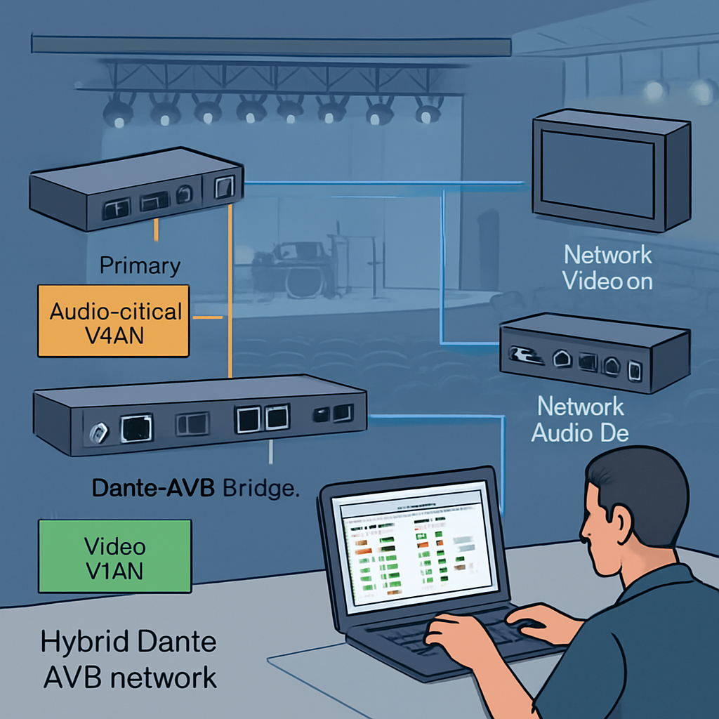 A 3‑D illustration of a hybrid Dante‑AVB network in a concert venue, showing primary and secondary Ethernet ports, VLANs for audio‑critical and video streams, and a technician using a laptop to configure Dante Controller. Alt: Diagramme hybride réseau Dante AVB pour salle de concert.