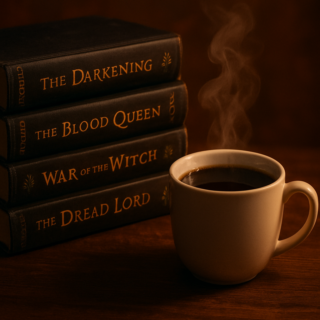 A steaming cup of dark roast coffee next to a stack of grimdark fantasy novels, warm amber lighting. Alt: Dark roast coffee paired with fantasy books