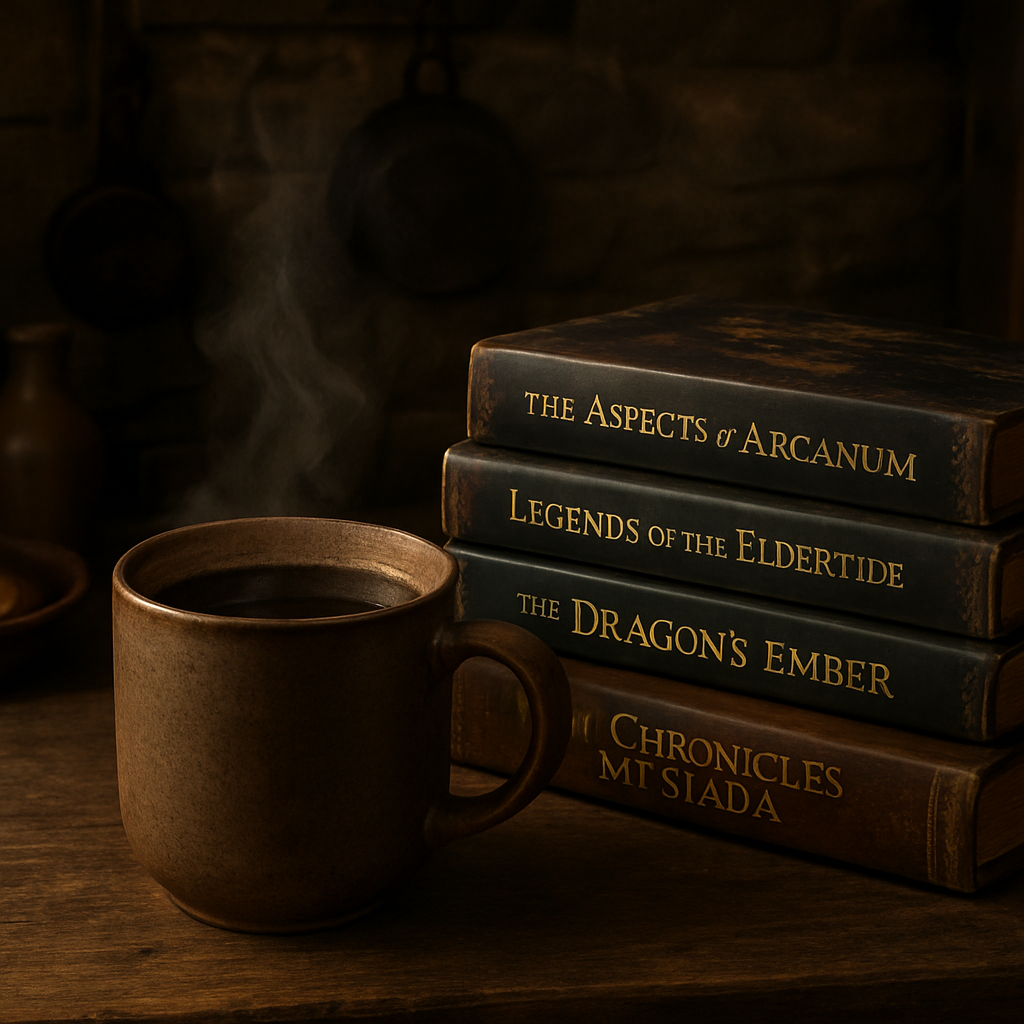 A rustic kitchen scene with a steaming mug of dark roast coffee beside a stack of fantasy novels. Alt: Dark roast coffee beside fantasy books