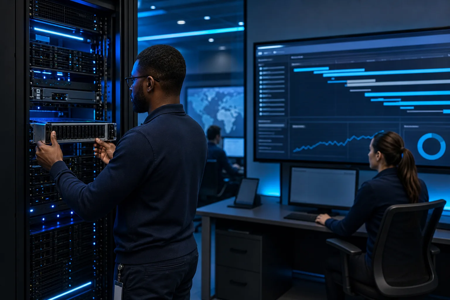 IT team testing backup restores and monitoring business recovery readiness.