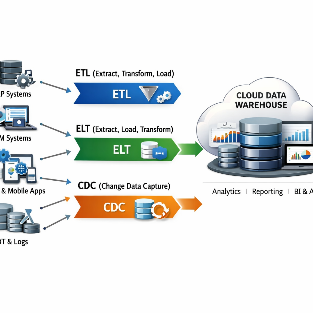 A realistic diagram showing data flowing from multiple source systems into a cloud warehouse, with arrows indicating ETL, ELT, and CDC patterns. Alt: data integration architecture overview