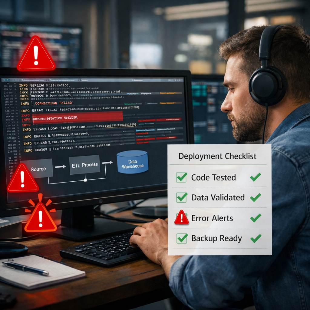 A realistic scene of a data engineer reviewing pipeline logs on a monitor, with alert icons and a checklist overlay. Alt: data integration testing and deployment visual