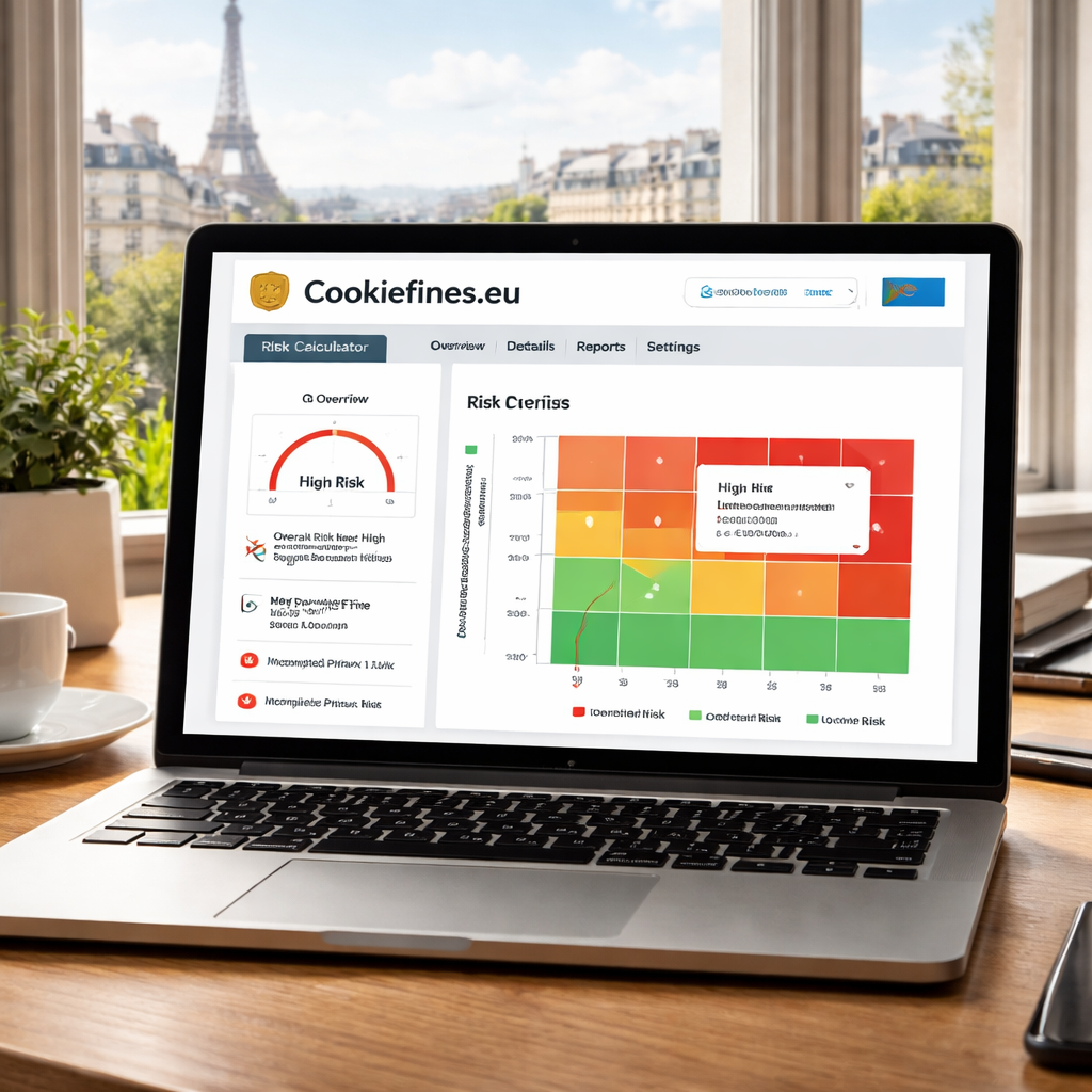 A realistic dashboard view of Cookiefines.eu risk calculator showing a risk heat map with red, orange, and green zones. Alt: Cookiefines risk calculator dashboard for data privacy compliance