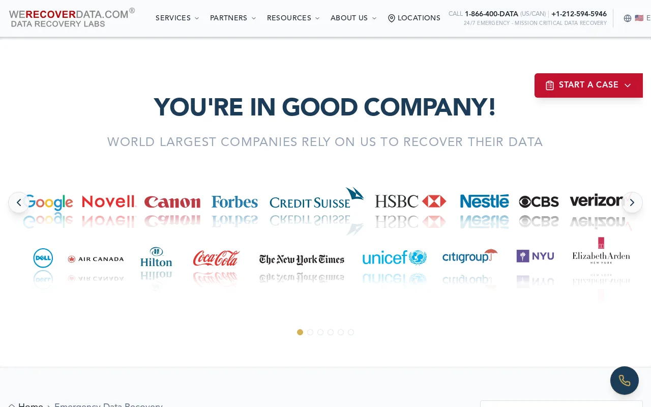 Screenshot of the Emergency data recovery website