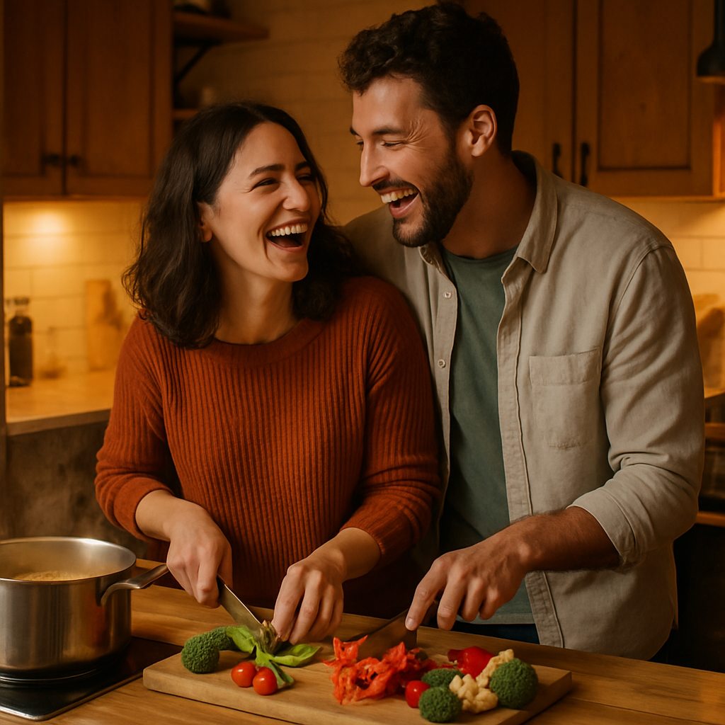 A cozy kitchen scene with a couple laughing while chopping vegetables together, warm lighting, and a pot simmering on the stove. Alt: Couples cooking together for better communication on date night.