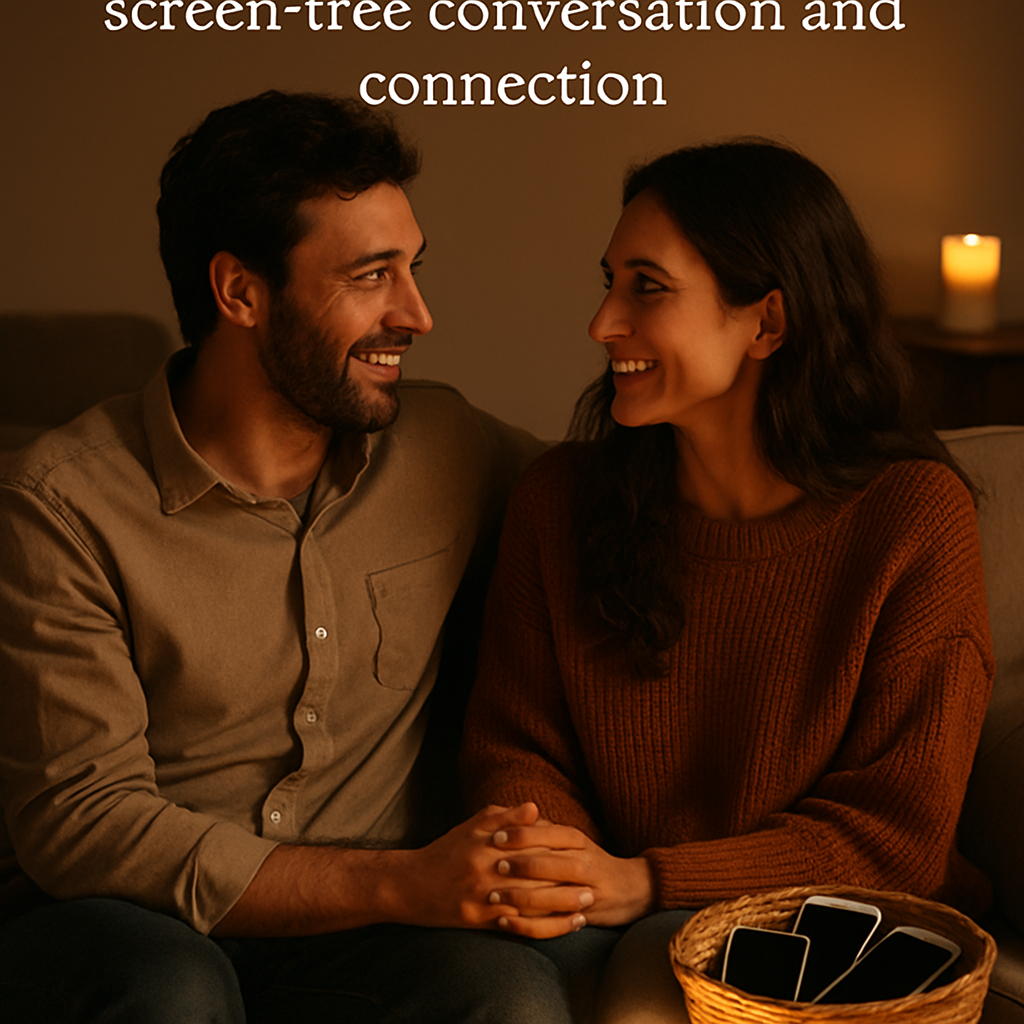 A couple sitting on a couch with a basket of phones beside them, candles flickering, smiling and talking deeply. Alt: Digital detox date idea for couples, screen‑free conversation and connection.