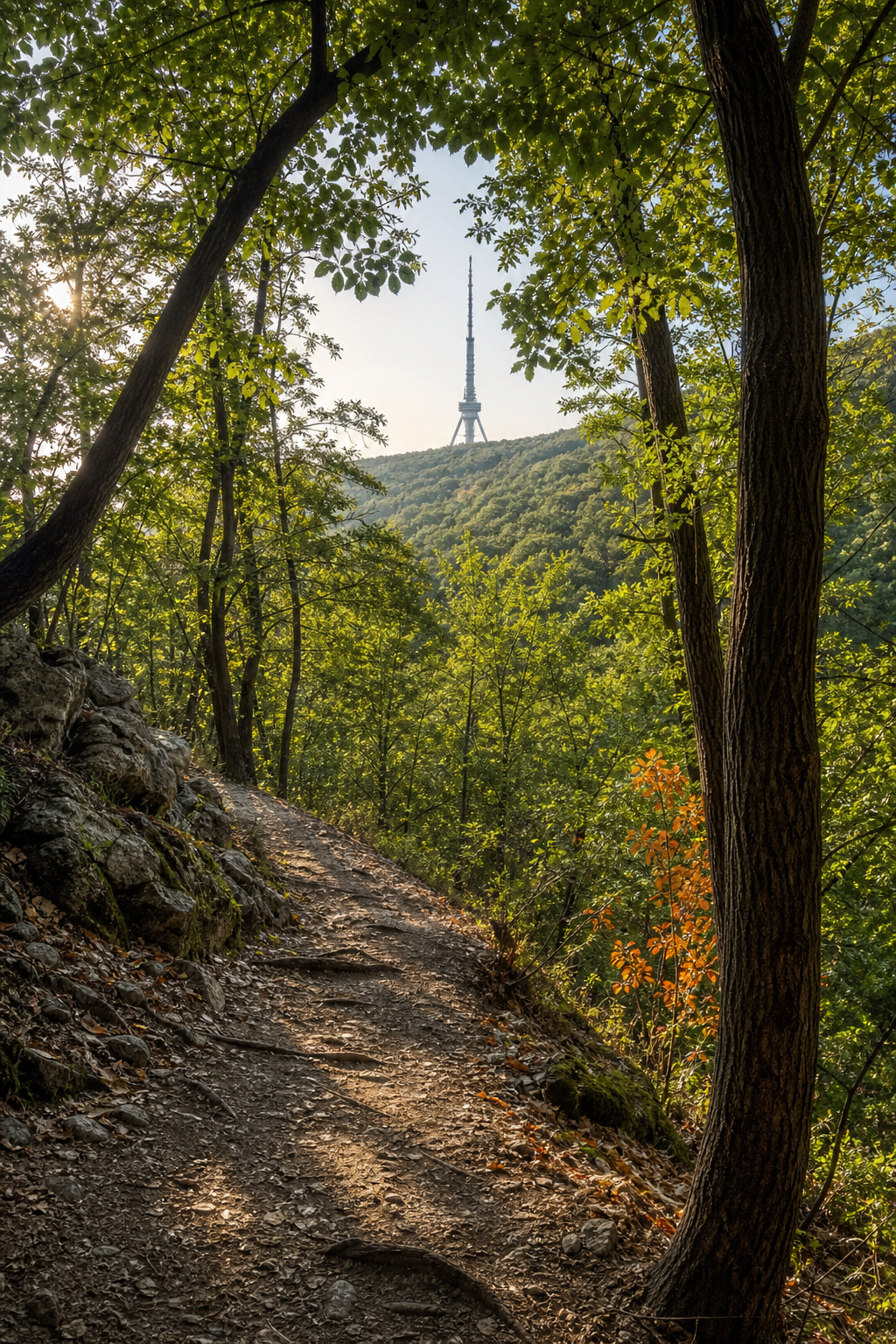 A 16:9 realism-style photo of a forested hillside trail in Central Europe with dappled morning light through deciduous trees, a distant telecommunications tower visible above the tree line, no people visible, no signage with numbers