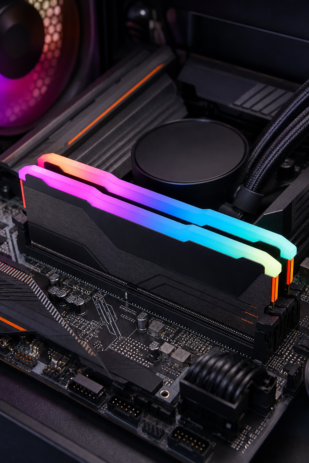 A photorealistic close-up of a DDR5 memory module on an anti-static mat, with gold contact pins and a sleek black heat spreader, lit by subtle RGB lighting. Alt: DDR5 RAM module close-up