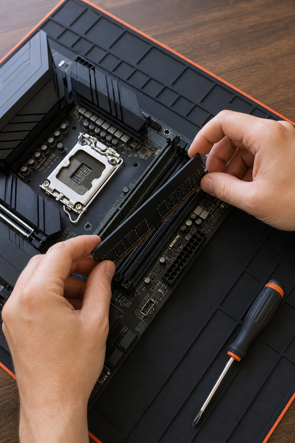 A photorealistic shot of a PC motherboard with four DDR5 slots, two of which have RGB memory installed, on a workbench with a CPU cooler nearby. Alt: Motherboard with DDR5 RAM installed
