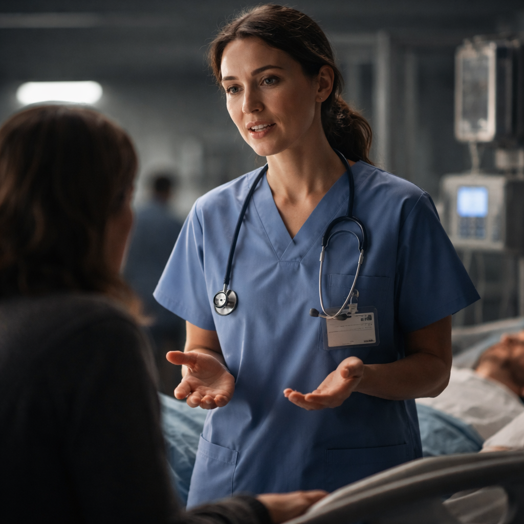 A cinematic, photorealistic scene of a nurse standing beside a hospital bedside, speaking calmly to an anxious family member. Soft, dramatic lighting highlights the nurse’s open hands and steady gaze, while the background shows a busy ward blurred to emphasize focus on the interaction. Alt: Nurse using calm verbal baseline during de‑escalation.