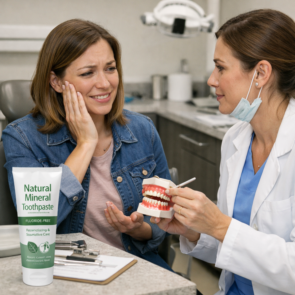 A realistic photo of a dental appointment with a dentist and patient discussing tooth sensitivity, with a tube of natural toothpaste visible on the counter. Alt: Person with sensitive teeth talking to a dentist about mineral toothpaste options