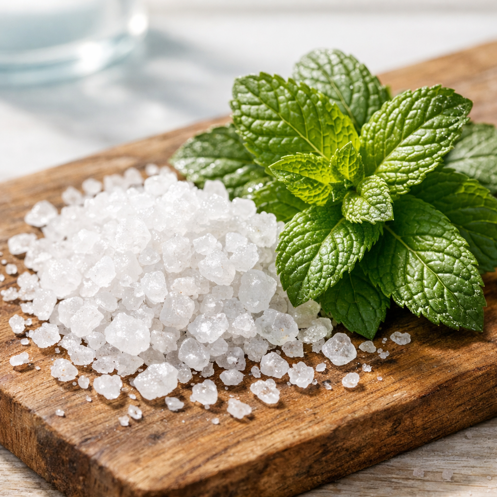 A realistic close‑up of natural Dead Sea salt crystals and fresh mint leaves on a wooden board, bright natural lighting, alt: dead sea mineral toothpaste ingredients