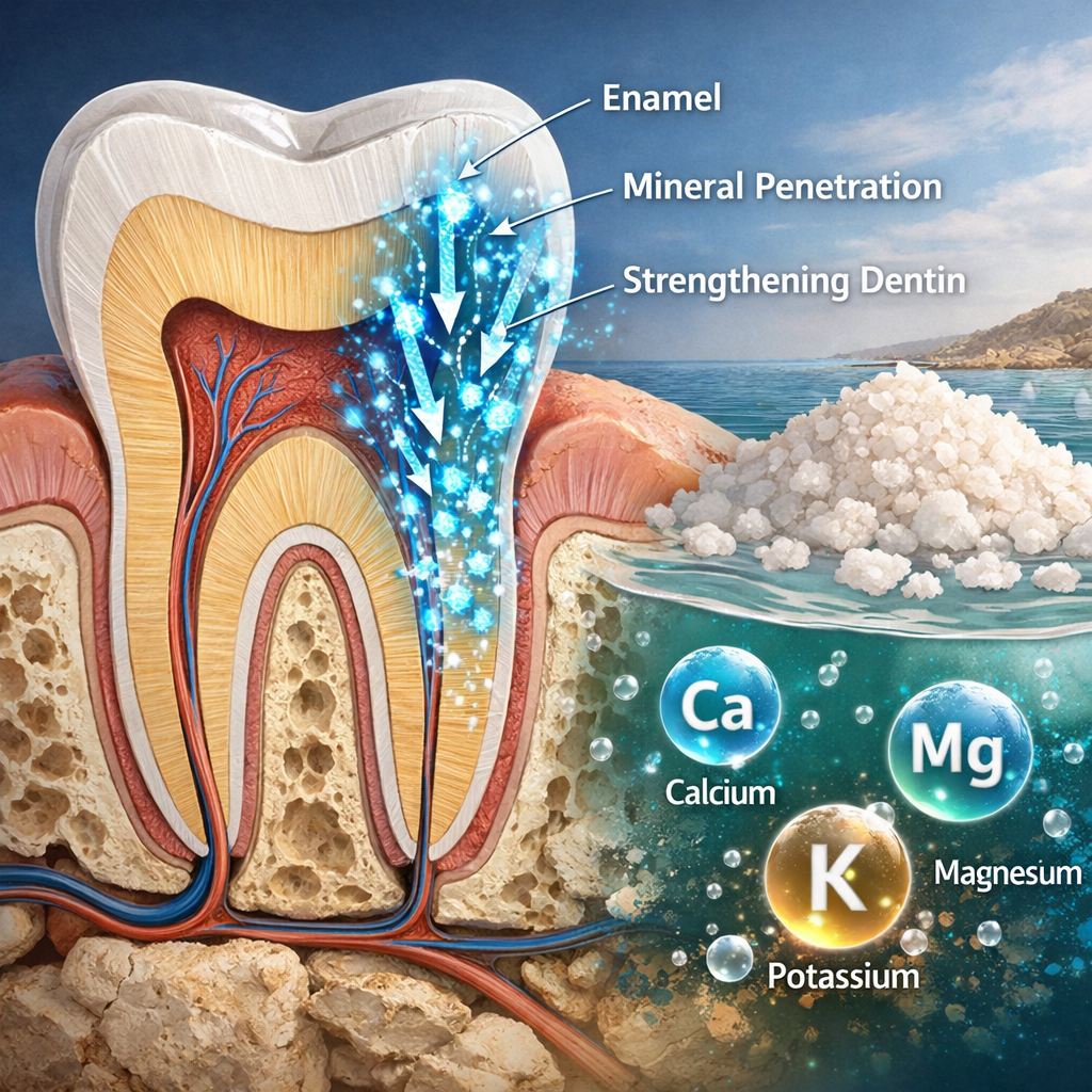 Realistic illustration of a tooth cross‑section showing mineral penetration from Dead Sea salt, alt: dead sea mineral benefits for teeth