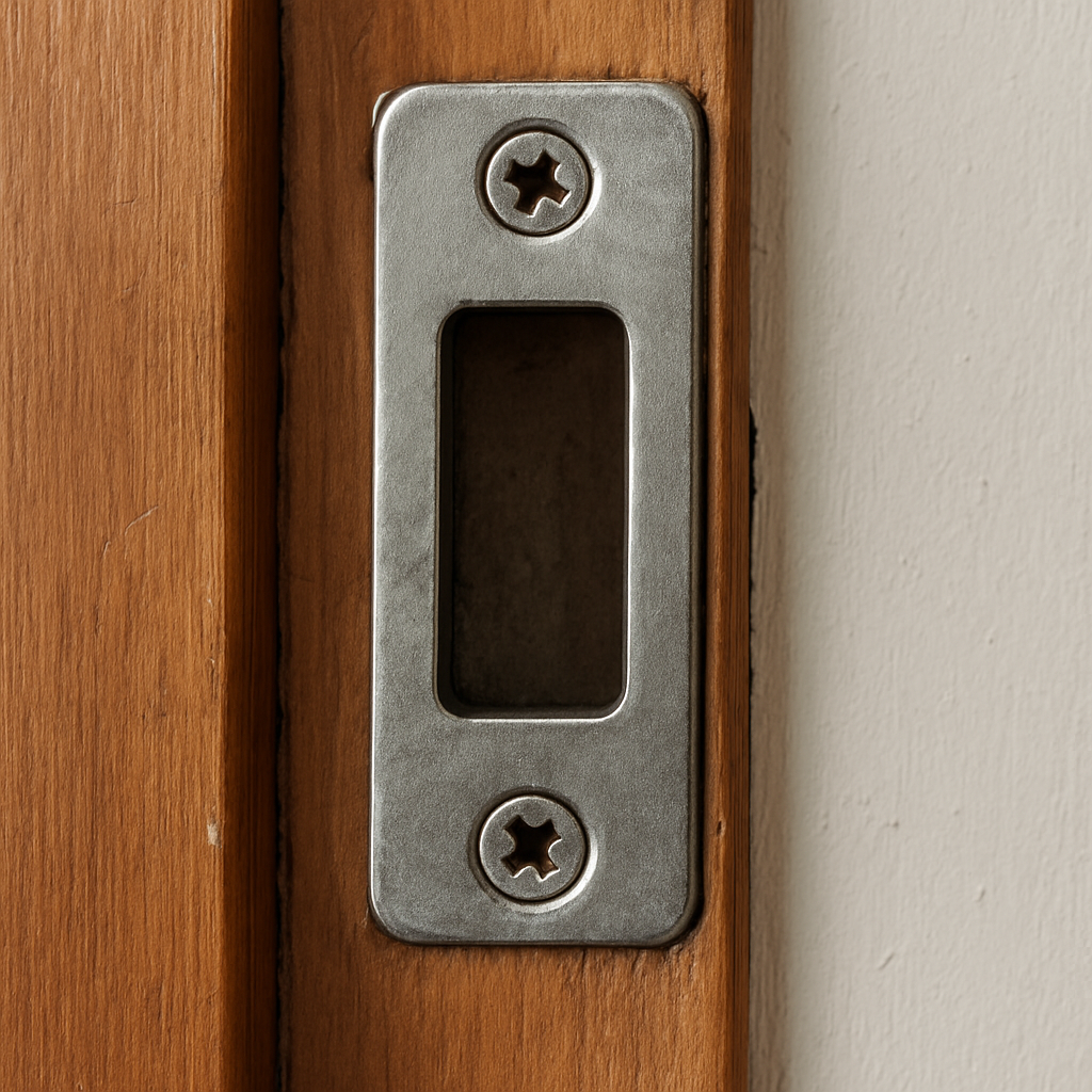 A close‑up of a door frame showing a thin strike plate with visible gaps and short screws. Alt: deadbolt strike plate assessment showing gaps and screw length