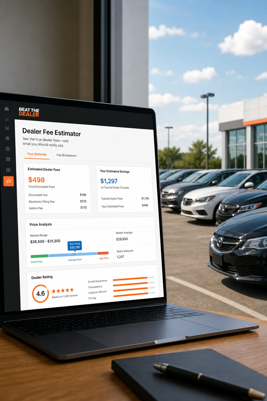 A split screen showing a dealer fee estimator listing on a laptop next to a real dealership lot with cars, natural outdoor light. Alt: A dealer fee estimator listing with price analysis and dealer rating screen