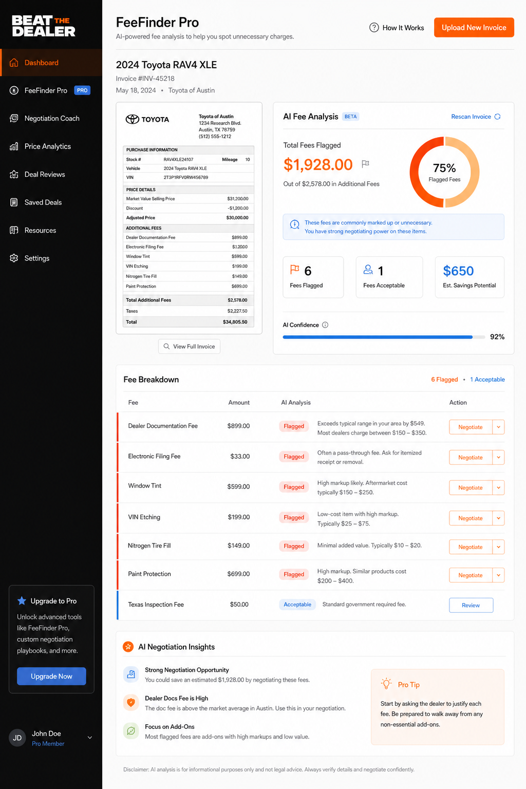 A clean dashboard showing AI-driven fee flags on a car purchase invoice. Alt: FeeFinder Pro fee analysis