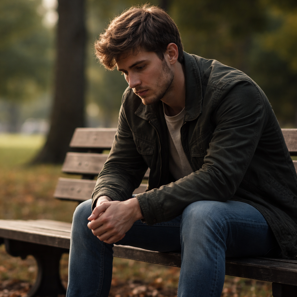 A realistic portrait of a young adult sitting alone on a park bench, looking contemplative, soft natural light, alt: dealing with romantic rejection feeling the pain