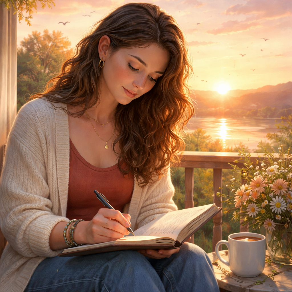 A realistic illustration of a young adult writing in a journal with a sunrise background, alt: reframing romantic rejection as growth