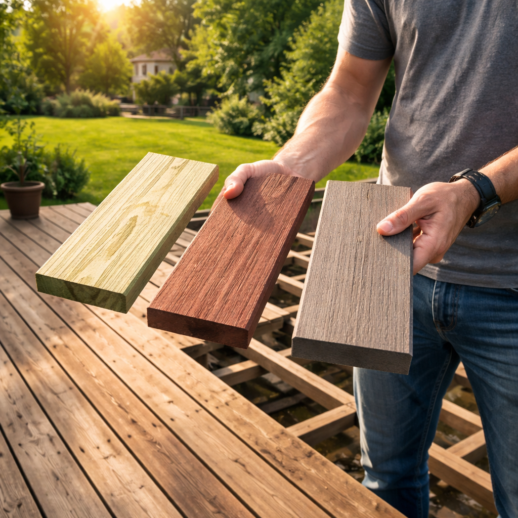 A photorealistic scene of a homeowner standing on a partially stripped deck, holding sample boards of pressure‑treated pine, hardwood, and composite, with sunlight highlighting the grain patterns and a realistic backyard setting. Alt: Choosing deck board replacement materials on a summer afternoon.