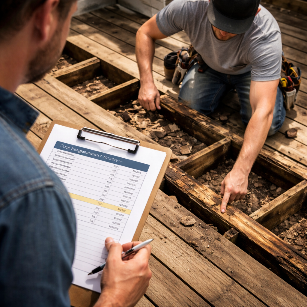 A photorealistic scene of a homeowner standing on a partially stripped deck, holding a clipboard with a spreadsheet, while a contractor points out a rotted joist, sunlight casting realistic shadows on the deck boards, Alt: Detailed budgeting and hidden costs for deck board replacement cost.