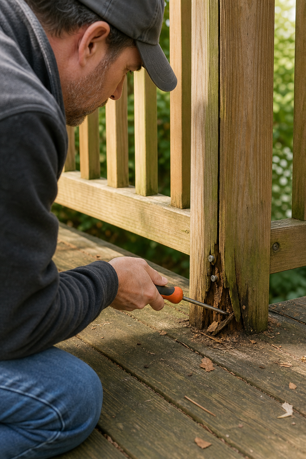 A close-up photorealistic image of a person inspecting a wooden deck railing, probing with a screwdriver near a post base, with visible rot and loose fasteners. Alt: Inspecting deck railing for rot and loose fasteners.