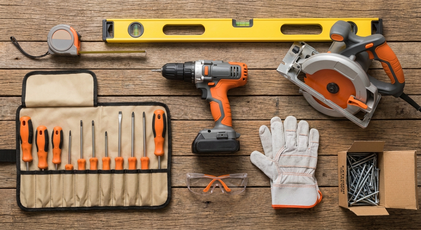 A realistic flat-lay of deck repair tools: tape measure, level, drill, screwdriver set, circular saw, safety glasses, gloves, and a box of exterior-grade screws. Alt: Tools and materials needed for deck railing repair.
