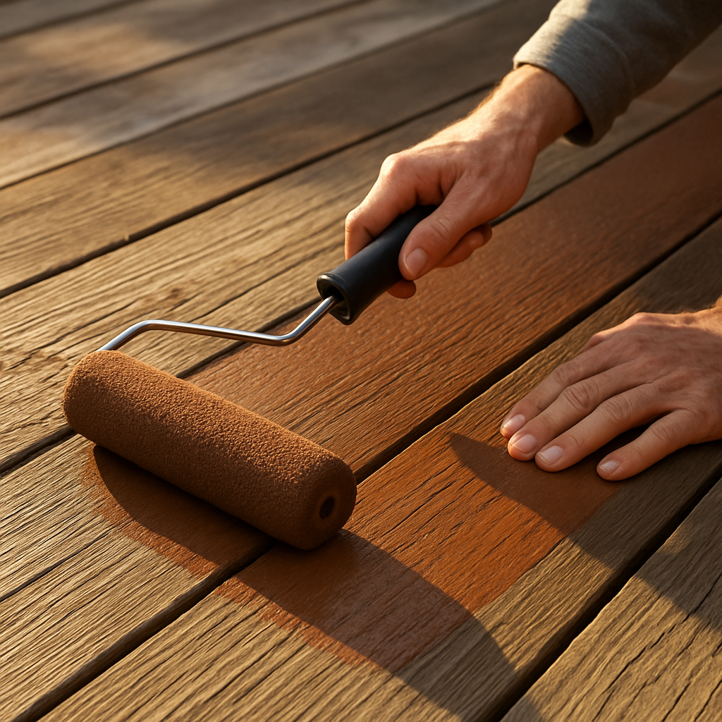A close-up of a homeowner rolling a solid deck resurfacer onto weathered wooden deck boards with a 3/8