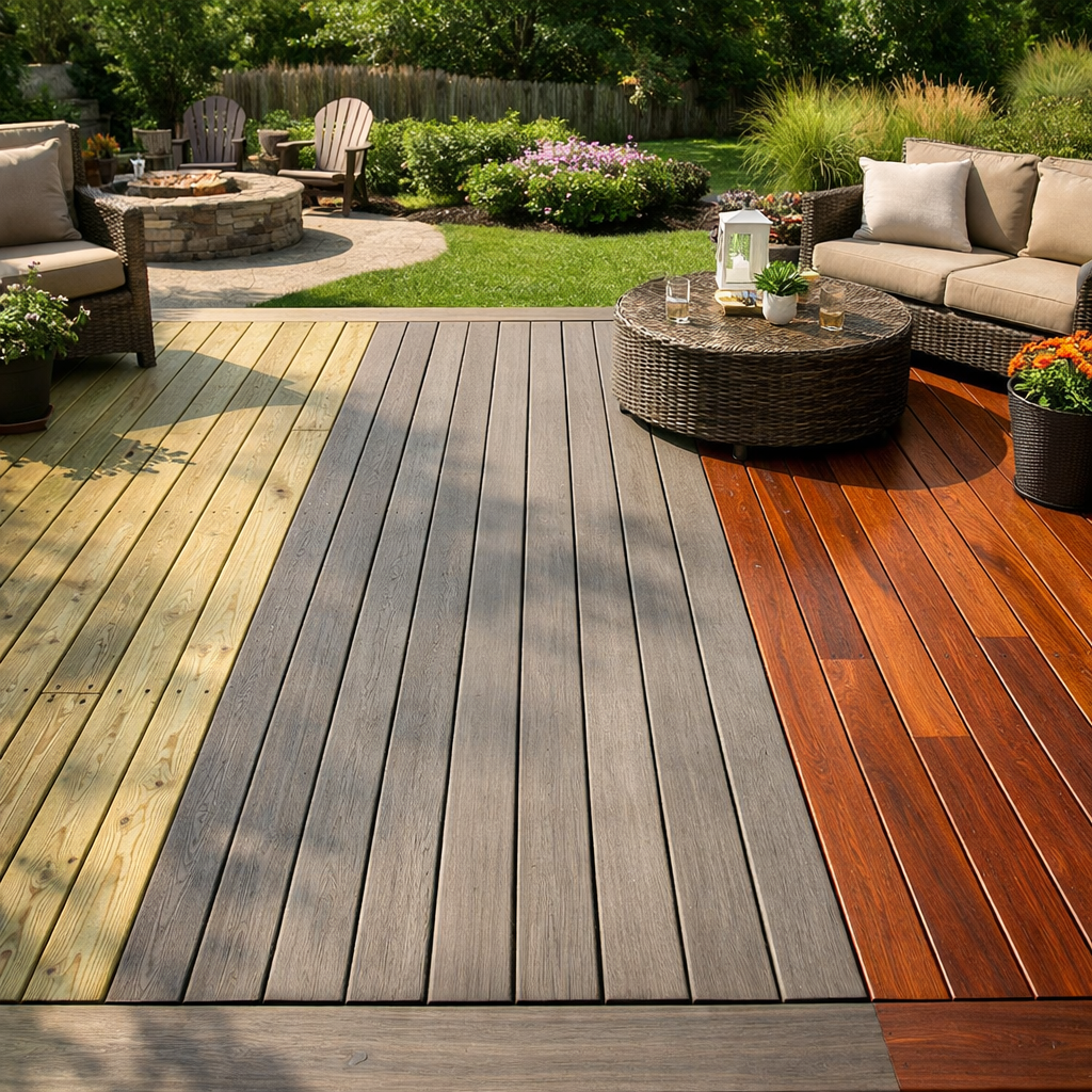 A realistic photo of a backyard showing three deck sections , one built of pressure‑treated pine, one of composite decking, and one of exotic hardwood , with clear texture detail and sunlight. Alt: deck material comparison outdoor living space