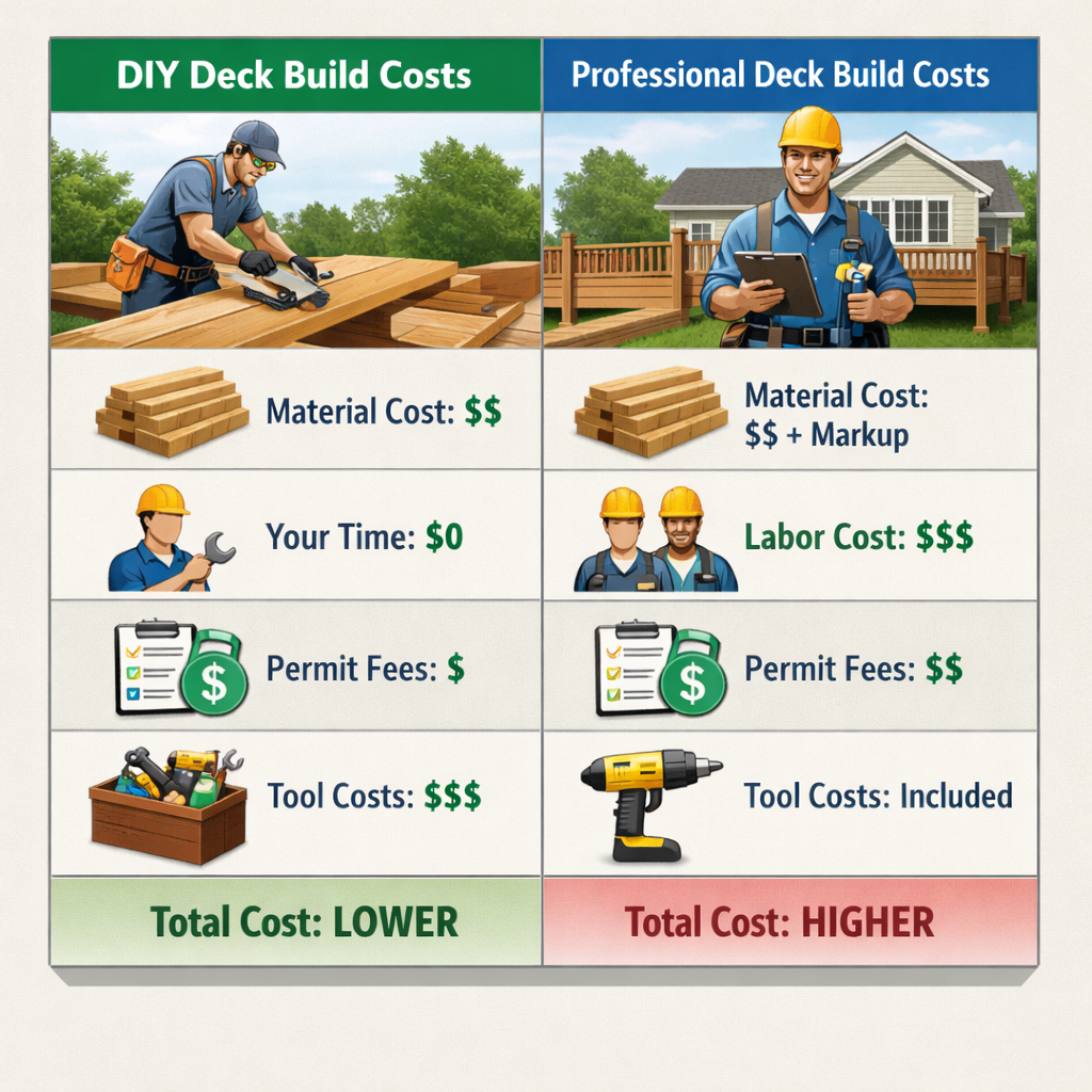 A clean infographic style visual comparing DIY deck build costs versus professional deck build costs, with icons for material, labor, permits, and tools. Alt: DIY vs professional deck cost comparison chart