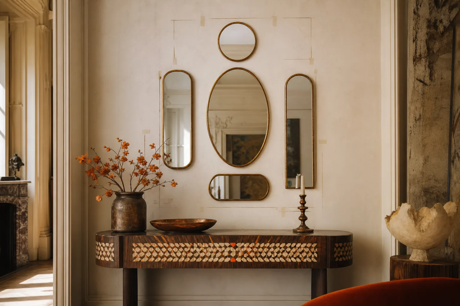 decorative wall mirror ideas showing mirror shape orientation and scale above a console.