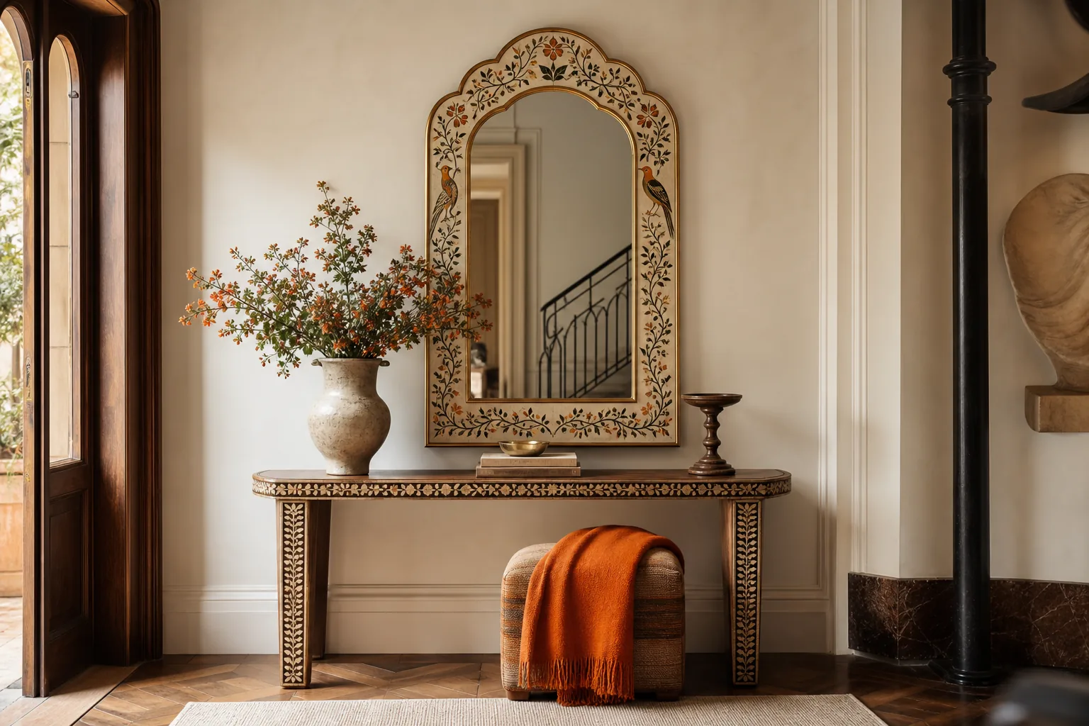 decorative wall mirror ideas for an entryway with console styling and balanced placement.