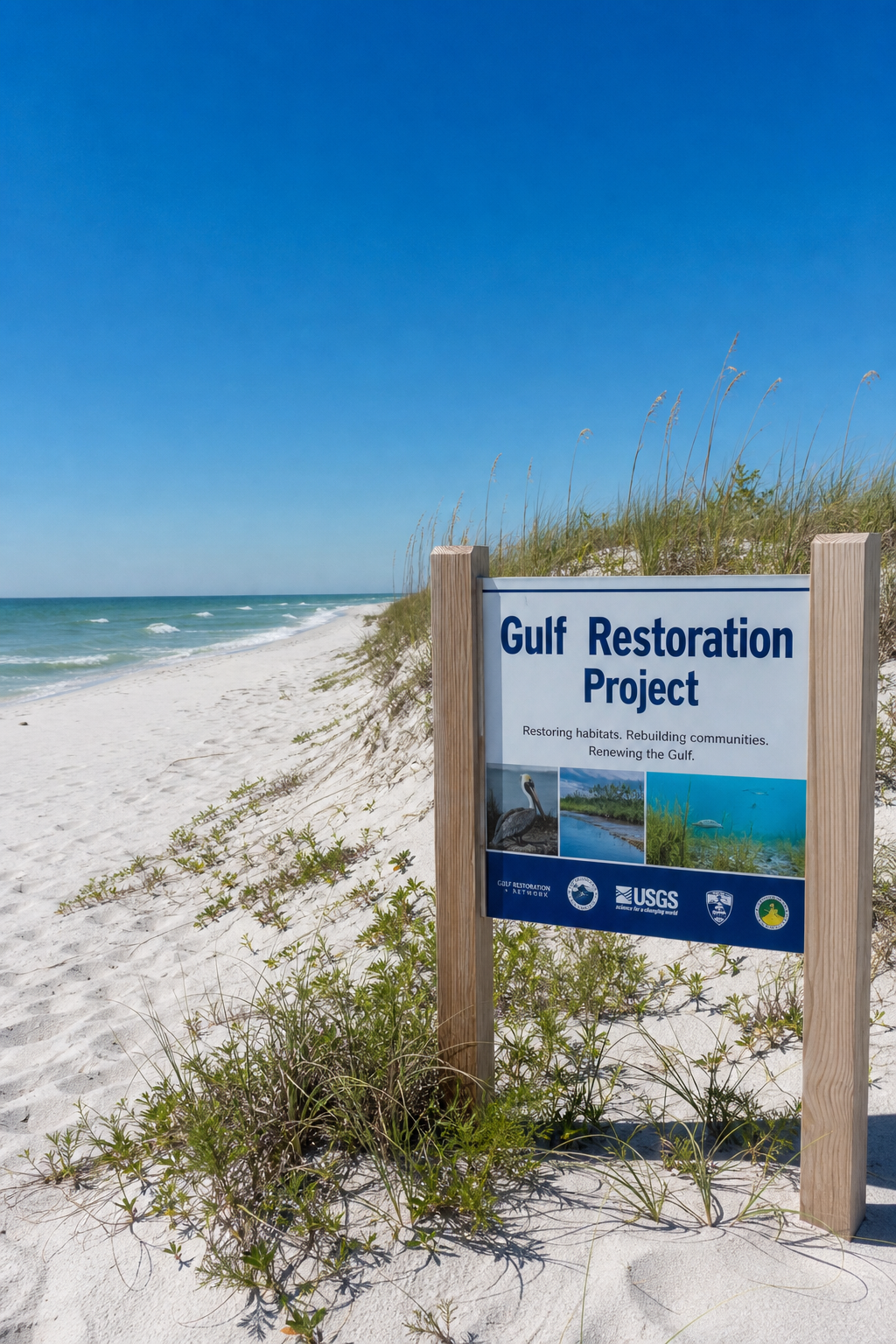 A photorealistic scene of a clean white sand beach with a healthy dune ecosystem, a clear blue sky, and a sign reading 'Gulf Restoration Project' , symbolizing the restoration goals after the spill. Alt: Deepwater Horizon oil spill restoration project beach.