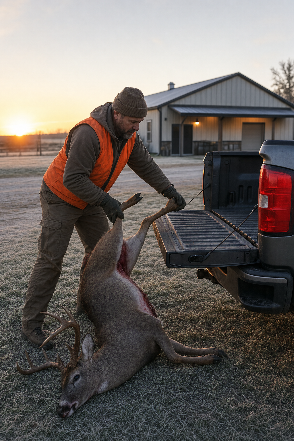 A hunter loading a field-dressed deer into the bed of a pickup truck at dawn, frost on the grass, a small-town butcher shop visible in the background