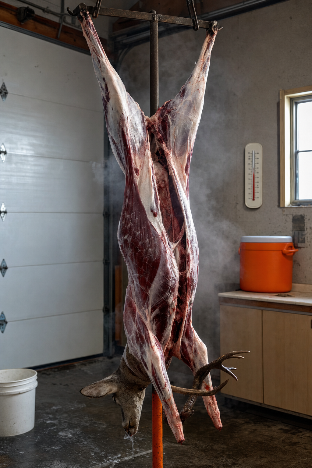 A skinned whitetail deer carcass hanging on a meat pole in a cold garage, breath-fog visible in the air, a thermometer reading in the high 30s nearby