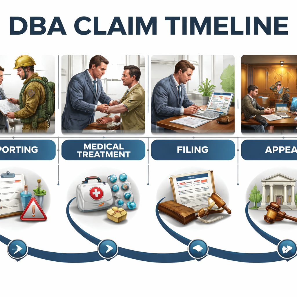 A photorealistic timeline illustration of a DBA claim process highlighting reporting, medical treatment, filing, and appeal stages, alt: DBA claim timeline visual guide
