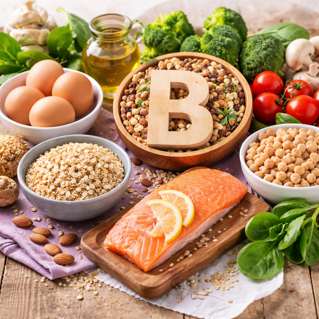 Close‑up of natural B‑vitamin sources like whole grains, legumes, eggs, and fish on a wooden table. Alt: natural sources of B‑vitamins for energy